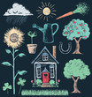 House and Garden Elements Chalk Drawing Vector Set