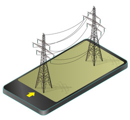 Vector high voltage pylons in mobile phone, isometric perspective. 3d metal pole voltage, isolated background. Power line pylons communication technology paraphrase. Power plant equipment illustration