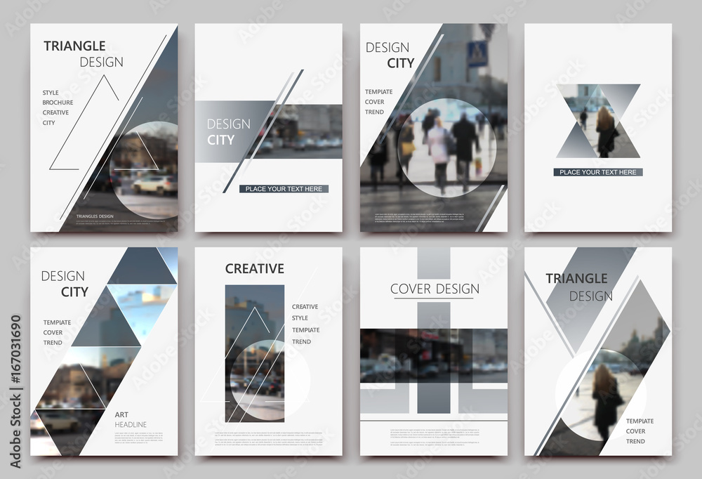 A4 brochure cover design. Templates for flyer, ad text font, info banner frame or title sheet model set. Modern vector front page art with urban city street texture. Patch triangle, round figure icon - obrazy, fototapety, plakaty 
