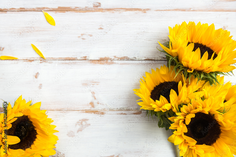 Yellow Sunflower Bouquet on White Rustic Background - obrazy, fototapety, plakaty 