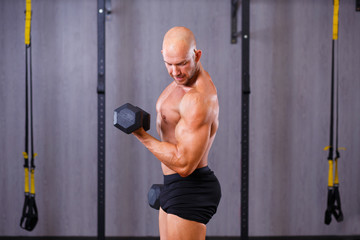 Wall Mural - Strong ripped bald man working out with dumbbells in gym. Sport, fitness, bodybuilding concept