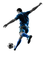 one caucasian soccer player man playing kicking in silhouette isolated on white background