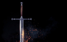 Metal Sword On A Dark Background With Clouds. 3d Render