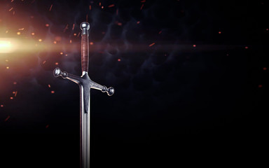 Wall Mural - Metal sword on a dark background with clouds. 3d render