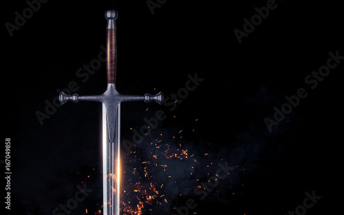 Fotomural Metal sword on a dark background with clouds. 3d render