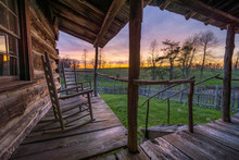 Old Worn Porch With Rocking Chairs At Sunset, Appalachian Mountains
