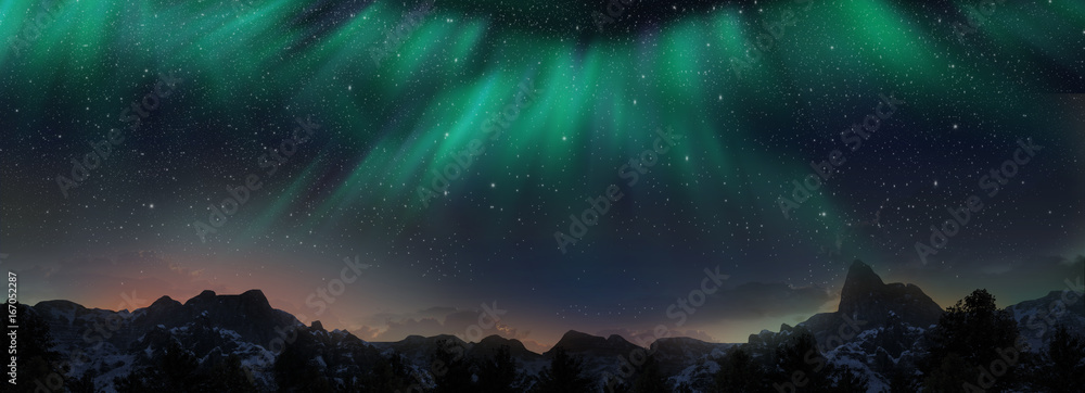 A beautiful green and red aurora dancing over the hills - obrazy, fototapety, plakaty 