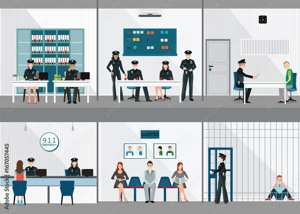 Police station interior set with office room. Stock Vector | Adobe Stock