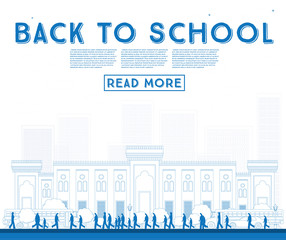 Wall Mural - Outline Back to School. Banner with School Bus, Building and Students.