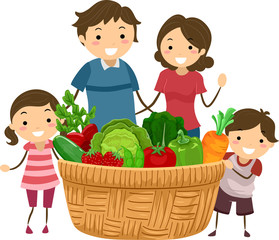 Poster - Stickman Family Basket Veggies Fruits