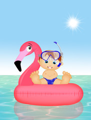 Poster - child on inflatable pink flamingo