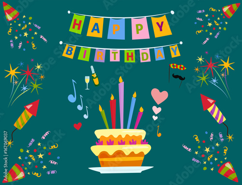 Party icons celebration happy birthday surprise decoration cocktail event ann...