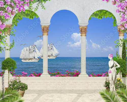 Naklejki arkady  cyfrowy-fresk-stary-balkon-z-ceglanymi-kolumnami-posagiem-i-kwiatami-duze-plywajace