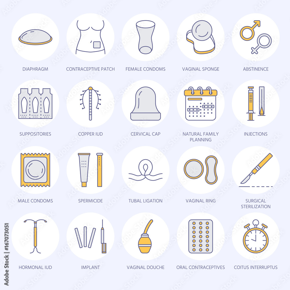 Contraceptive methods line icons. Birth control equipment, condoms ...