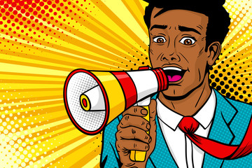 wow pop art male face. young african american man with open mouth, flying tie, megaphone screaming a