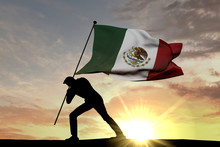 Mexico Flag Being Pushed Into The Ground By A Male Silhouette. 3D Rendering
