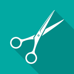 Poster - Scissors icon with long shadow. Flat design style. Shears simple silhouette. Modern, minimalist icon in stylish colors. Web site page and mobile app design vector element.