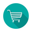 © Victor - Shopping cart circle icon with long shadow. Flat design style. Shopping cart simple silhouette. Modern, minimalist, round icon in stylish colors. Web site page and mobile app design vector element.