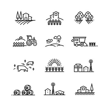 village line landscapes with agricultural field and farm buildings. linear farming vector concepts