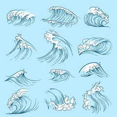 Wall Mural - Sketch ocean waves. Hand drawn marine vector tides