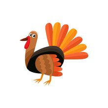 Cute And Funny Farm Hen Turkey Character, Cartoon Vector Illustration Isolated On White Background. Cartoon Style Turkey Character, Thanksgiving Day Symbol