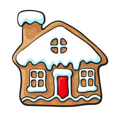 Glazed house-shaped homemade Christmas gingerbread cookie, sketch style vector illustration isolated on white background. Christmas glazed gingerbread cookie in shape of village house