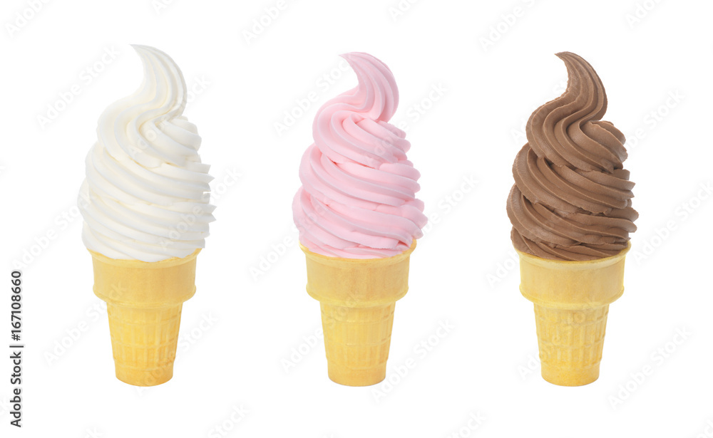 Three Flavors (Vanilla, Strawberry, Chocolate) of Soft Serve Ice Cream or Frozen Yogurt in Wafer Cones Isolated on a White Background - obrazy, fototapety, plakaty 