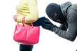 A thief pickpocket steals a purse from a women's bag in a balaclava