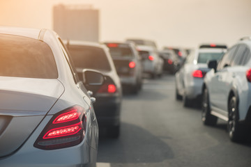 traffic jam with row of cars on toll way