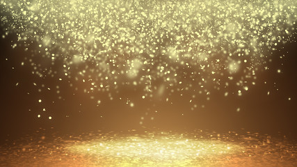 Dark Gold sparkle rays lights with bokeh elegant show on stage  abstract background. Dust sparks background.