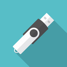 USB Flash Drive Icon With Long Shadow. Flat Design Style. USB Flash Drive Simple Silhouette. Modern, Minimalist Icon In Stylish Colors. Web Site Page And Mobile App Design Vector Element.