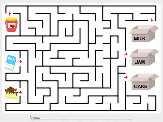 Wall Mural - Maze game: Pick jam, milk and cake to box - worksheet for education