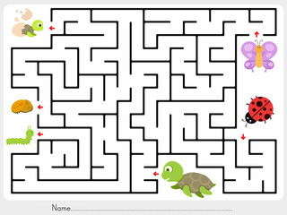 Wall Mural - Maze game: Match animal, butterfly ladybug and turtle finding the baby - worksheet for education