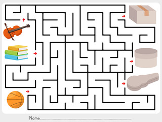 Wall Mural - Maze game: Pick violin, books and ball to box - worksheet for education