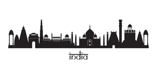 Wall Mural - India Landmarks Skyline in Black and White Silhouette