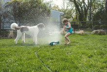 Side View Of Girl And Dog Standing By Spraying Water At Yard