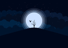 Vector Night View Flying Owl And Tree Background