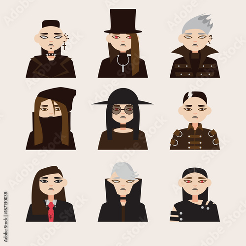 Vector Set With Avatars Of Gothic Man In Hats With Dark Hair And