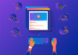 © Julia Tim - Video tutorial streaming isolated on red background. Elearning and video watching gradient line vector illustration of female hands using browser searching video tutorial or vlog for distance learning