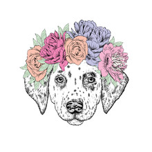 A Beautiful Puppy In A Flower Wreath. Vector Illustration For A Postcard Or A Poster, Print For Clothes. Fashion & Style.