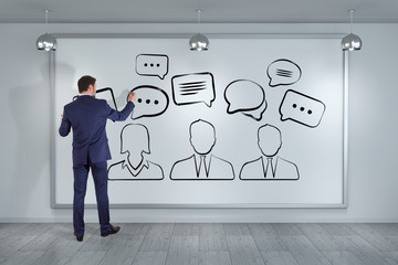 Wall Mural - businessman drawing discussion icons sketch on a board 3d rendering