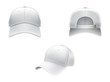 Vector realistic illustration of a white textile baseball cap front, back and side view, isolated on white. Print, template, moc up, design element