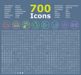 Wall Mural - Set of 700 Minimalistic Icons on Circular Buttons . Isolated Vector Elements