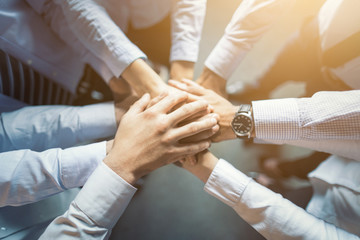 Fototapete - Stack of hands. Unity and teamwork concept.