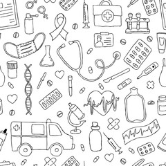 seamless pattern hand drawn doodle medicine. Hand drawn