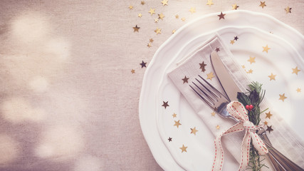 Wall Mural - New Year eve 2026, Christmas food lunch, dinner table place setting, festive background
