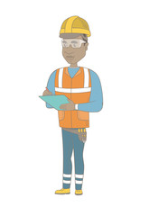 Poster - African building inspector making some notes in clipboard. Full length of young building inspector in uniform and hard hat at work. Vector sketch cartoon illustration isolated on white background.