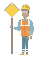 Canvas Print - African-american road worker holding road sign. Full length of young road worker standing near road sign. Vector sketch cartoon illustration isolated on white background.