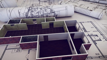 3d Rendering Of Architect Workplace. Architectural Project, Blueprints, Blueprint Rolls On Plans.