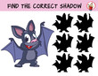 Funny little bat. Find the correct shadow. Educational game for children. Cartoon vector illustration